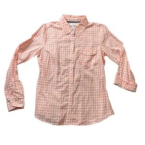 Girl Krazy Large Orange Check Blousr Roll Tab Sleeve 100% Cotton